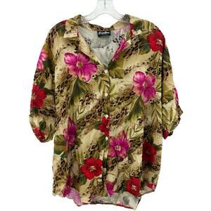 Caribou (2X) American VINTAGE 80s Womens Cream Floral Aloha Blouse Top Shirt